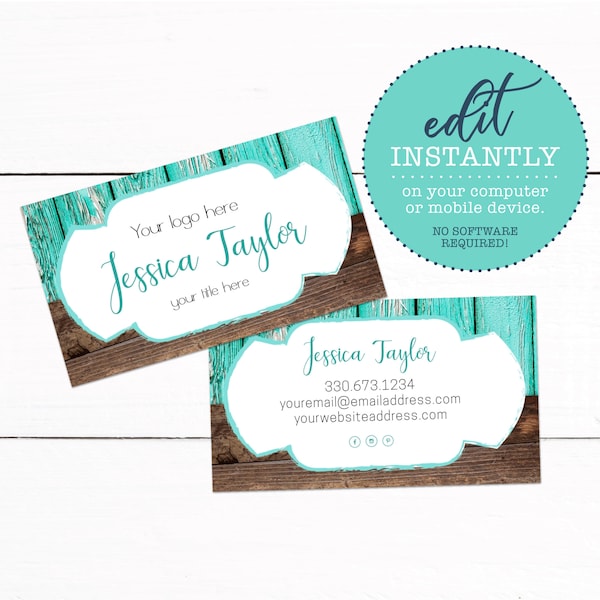 Farmhouse Distressed Teal Wood Shabby Chic Business Card - Rustic Marketing Kit - Crafter Personalized Business Card for your Shop