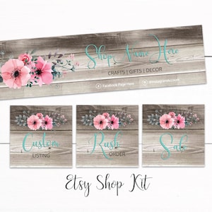 May include: Etsy shop banner and listing labels with a rustic wood background and pink floral accents. The banner says "Shop Name Here" with the text "Crafts | Gifts | Decor" below. The labels say "Custom Listing", "Rush Order", and "Sale".