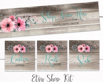 Rustic Floral Etsy Shop Branding Kit - Shiplap Etsy Shop Kit Banner - Etsy Shop Cover Photo - Etsy Shop Listing Images - Etsy Shop Rustic Th