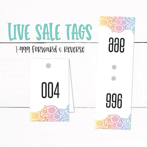 Pode incluir: Um conjunto de 999 etiquetas de venda ao vivo com um design paisley em cores do arco-íris. As etiquetas são numeradas de 001 a 999. As etiquetas são projetadas para serem usadas em vendas ao vivo nas redes sociais.