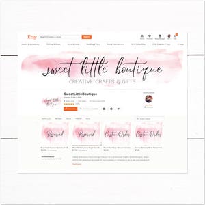 May include: Etsy shop homepage for SweetLittleBoutique, featuring a pink watercolor background with the shop name and the words "Creative Crafts & Gifts". The shop offers custom orders, including a rose gold custom watermark, a "When Nothing Goes Right Go Left" design, a beach surf baby shower invitation, and a soccer birthday party ticket invitation.
