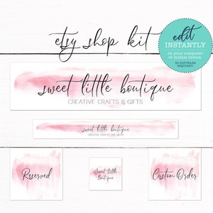 May include: Etsy shop kit with a pink watercolor design. The text "sweet little boutique" is written in black cursive font. The text "CREATIVE CRAFTS & GIFTS" is written in black font. The kit includes a logo, banner, and three labels that say "Reserved", "Sweet Little Boutique", and "Custom Order".