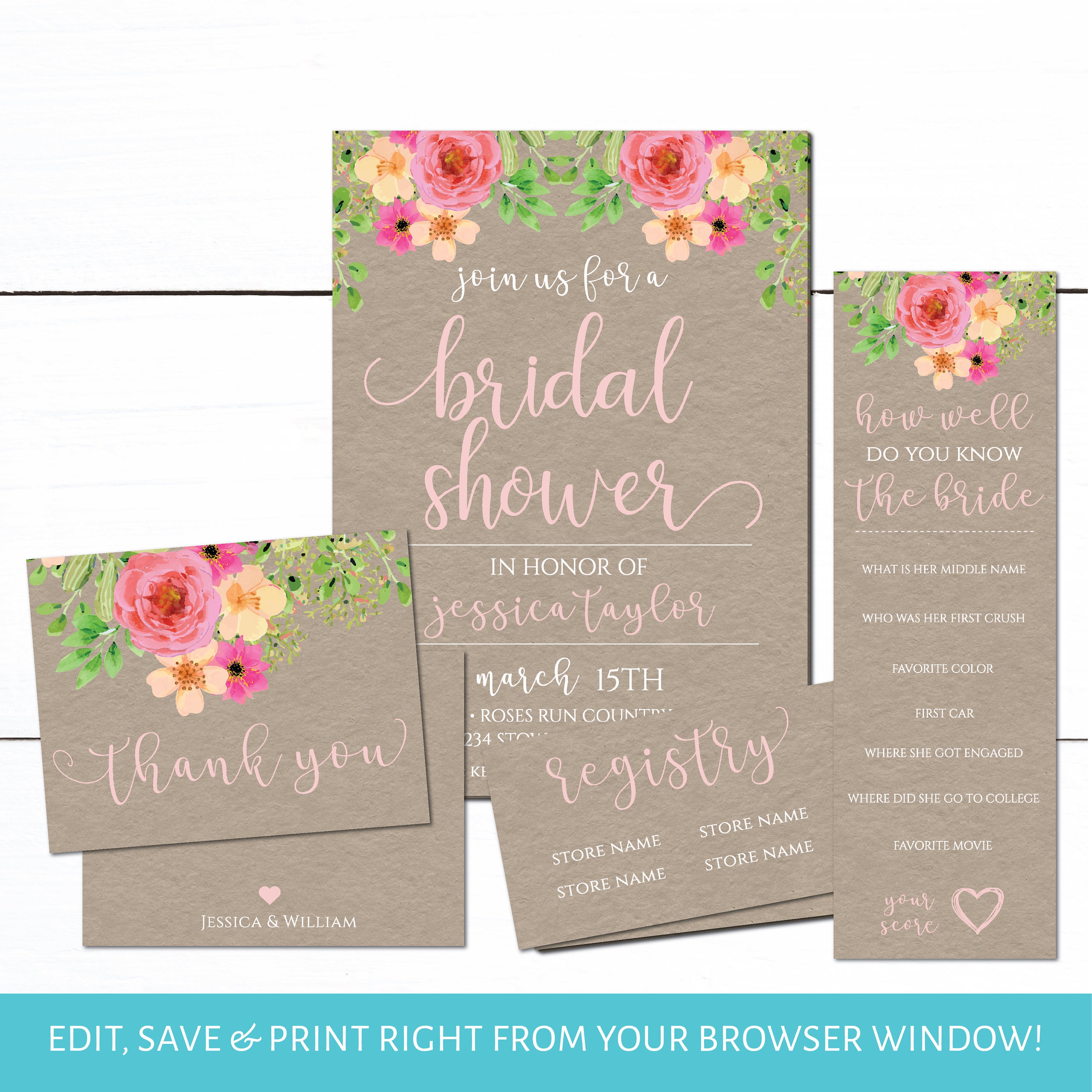 Pink Floral Kraft Bridal Shower Invitation Set Bridal Shower Etsy