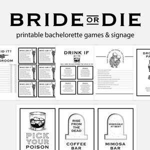 Bride Or Die Bachelorette Printable Games and Signage / Til Death Do Us Party / Bachelorette Party Games / Emo Bachelorette / Elder Emo