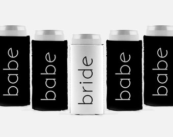 Custom Bride and Babe Thin Bachelorette Can Cooler / Custom Bachelorette Gift / Personalized Party Favors