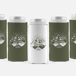 Custom Camping Personalized Can Cooler / Mountain / Bachelorette Party / Girls Weekend / Camping Weekend / Cabin Weekend / Campfire