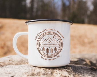 Personalized Camping Mug, Custom Tent Badge, Bachelorette Party Favor (10 oz)