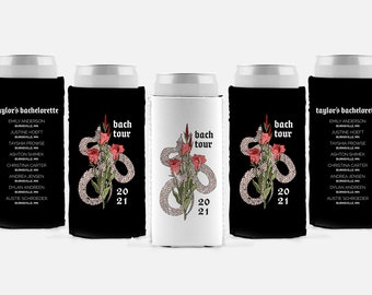 Custom Bachelorette Can Cooler: Snake & Rose, Concert Tour Design