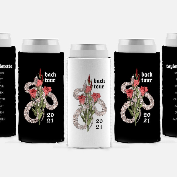 Custom Concert Tour Bachelorette Can Cooler / Custom Bachelorette Gift / Rock n Roll Party Favors / Snake and Rose Design Stubby Holder