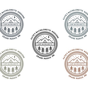 May include: Four variations of a black and white illustrated logo for a bachelorette weekend at a camp in Grand Marais, Minnesota. The logo features a mountain range, a crescent moon, stars, and pine trees. The text "Katie's Bachelorette Weekend" and "Camp Bachelorette" are included in the logo.