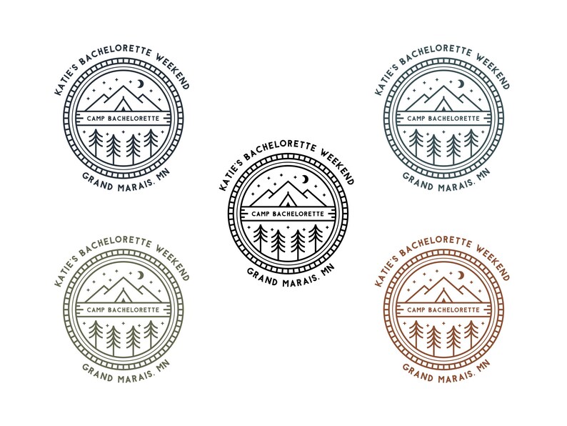 May include: Four variations of a black and white illustrated logo for a bachelorette weekend at a camp in Grand Marais, Minnesota. The logo features a mountain range, a crescent moon, stars, and pine trees. The text "Katie's Bachelorette Weekend" and "Camp Bachelorette" are included in the logo.