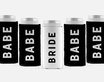 Custom Bride and Babe Bold Bachelorette Can Cooler / Custom Bachelorette Gift / Personalized Party Favors