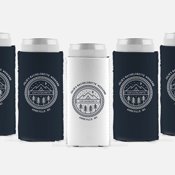 Custom Camping Personalized Can Cooler / Tent Badge / Bachelorette Party / Girls Weekend / Camping Weekend / Cabin Weekend / Campfire