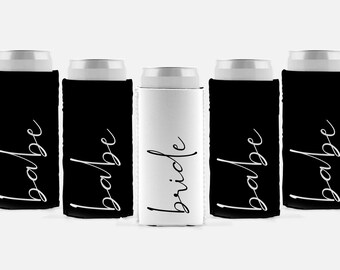 Custom Bride and Babe Script Bachelorette Can Cooler / Custom Bachelorette Gift / Personalized Party Favors