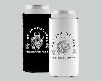 Custom Til Death Do Us Part Goth Wedding Can Cooler / Emo Wedding Gift / Personalized Party Favors / Skeleton Design Stubby Holder