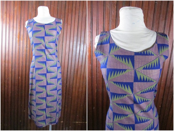 Vintage Wax Print Wiggle Dress. XS. Metallic Gold