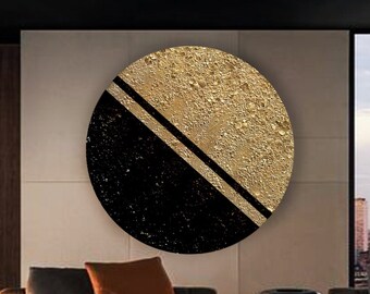 Exclusive Large Original Oil Painting Abstract Textured Modern On Round Canvas Golden Leaf Large Wall Handmade Art by Victoria&#39;s Art Design