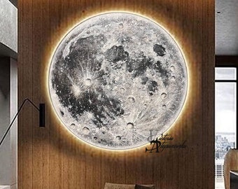 Moon Round Painting with LED Light, Abstract Textured Painting, White and Silver Original Oil Painting Silver Leaf Large Wall Art Home Decor