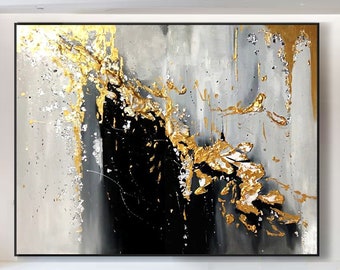 Extra Large Oil Painting, Original Oil Painting Abstract Modern On Canvas Golden Leaf Large Wall Handmade Art by Victoria's Art Design