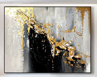 Extra Großes Ölgemälde, Original Ölgemälde Abstrakt Modern auf Leinwand Golden Leaf Große Wand Handgemachte Kunst von Victoria&#39;s Art Design