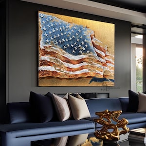 Textured American Flag Oil Painting: Golden Leaf Abstract Art (56x71)