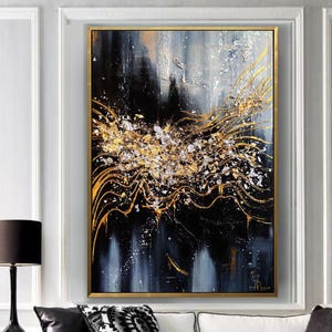 Gray and Gold Oil Painting, Original Oil Painting Abstract Modern Canvas Golden Leaf Dark Painting, Interior Oversized Home Wall Art Decor