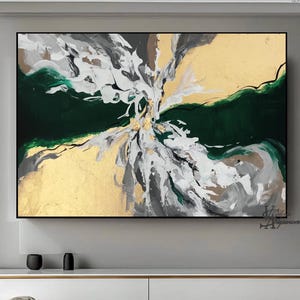 Green and Golden Leaf Abstract Oil Painting on canvas Gray Wall Art, Original Oil Painting, Impressionism Large Painting Home Wall Art Decor