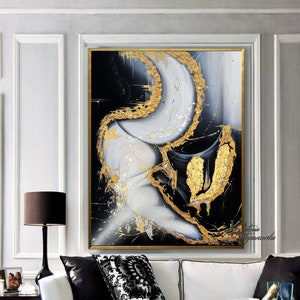 Oversized Abstract Original Oil Painting on Canvas, Black and Gold Modern Oil Painting, Trending Wall Art  Decor for Large Spaces