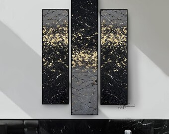 Dipinto astratto trittico grigio e oro: grande opera d'arte originale in acrilico