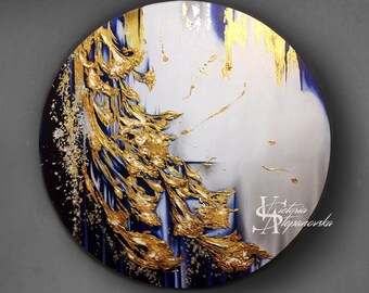 Exclusive Large Original Oil Painting Abstract Textured Modern On Round Canvas Golden Leaf Large Wall Handmade Art by Victoria&#39;s Art Design