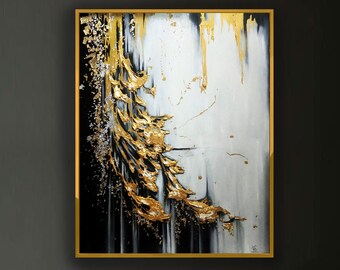 Oil Painting, Original Oil Painting Abstract Modern On Canvas Golden Leaf Large Wall Handmade Art by Victoria's Art Design