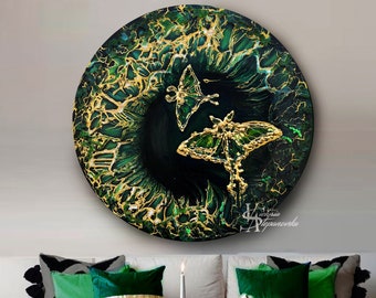 Oversized Large Original Oil Painting Abstract Textured Modern On Round Canvas Golden Leaf Large Wall Handmade Art by Victoria's Art Design