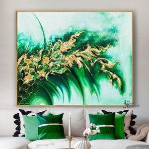 Oil Painting, Original Oil Painting Abstract Modern On Canvas Golden Leaf Large Wall Handmade Art by Victoria&#39;s Art Design