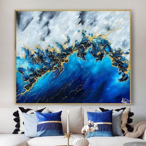 Oil Painting, Original Oil Painting Abstract Modern On Canvas Golden Leaf Ocean Wave Large Wall Handmade Art by Victoria&#39;s Art Design
