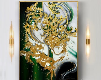 Ölgemälde, Original Ölgemälde Abstrakt Modern auf Leinwand Emerald Grün Goldene Blatt Große Wand Handgemachte Kunst von Victoria&#39;s Art Design