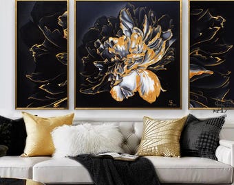 Black and Gold Triptych, Piony Original Oil Painting, Three piece wall art, Piony Painting Large Wall Art, Triptych abstract Flower Painting