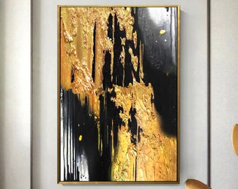 Oil Painting, Original Oil Painting Abstract Modern On Canvas Golden Leaf Large Wall Handmade Art by Victoria's Art Design