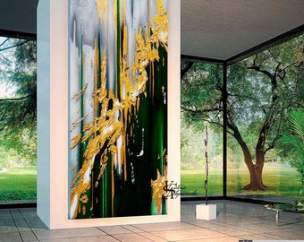 May include: Abstract art piece with gold, green, and gray paint. The artwork features a vertical composition with gold accents and drips against a dark green and gray background. The artwork is displayed in a modern interior setting.