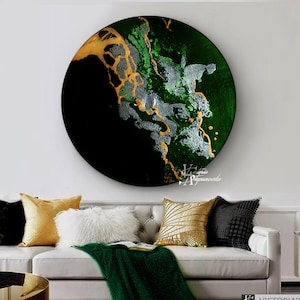 Oil Painting, Original Oil Painting Abstract Modern On Round Canvas Golden Leaf Large Wall Handmade Art by Victoria&#39;s Art Design