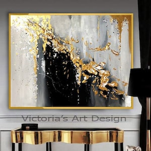 Oil Painting, Original Oil Painting Abstract Modern On Canvas Golden Leaf Large Wall Handmade Art by Victoria's Art Design