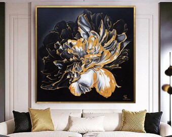 Original Peony Oil Painting On Canvas, Abstract Modern Golden Leaf Flower Home Wall Decor, Large Wall Art, Oversized Living room Wall Decor