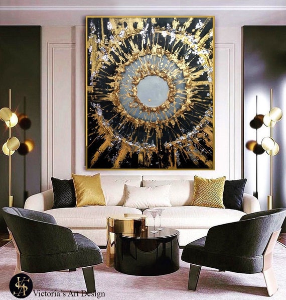 Oil Painting, Original Oil Painting Abstract Modern on Round Canvas Golden  Leaf Large Wall Handmade Art by Victoria's Art Design 