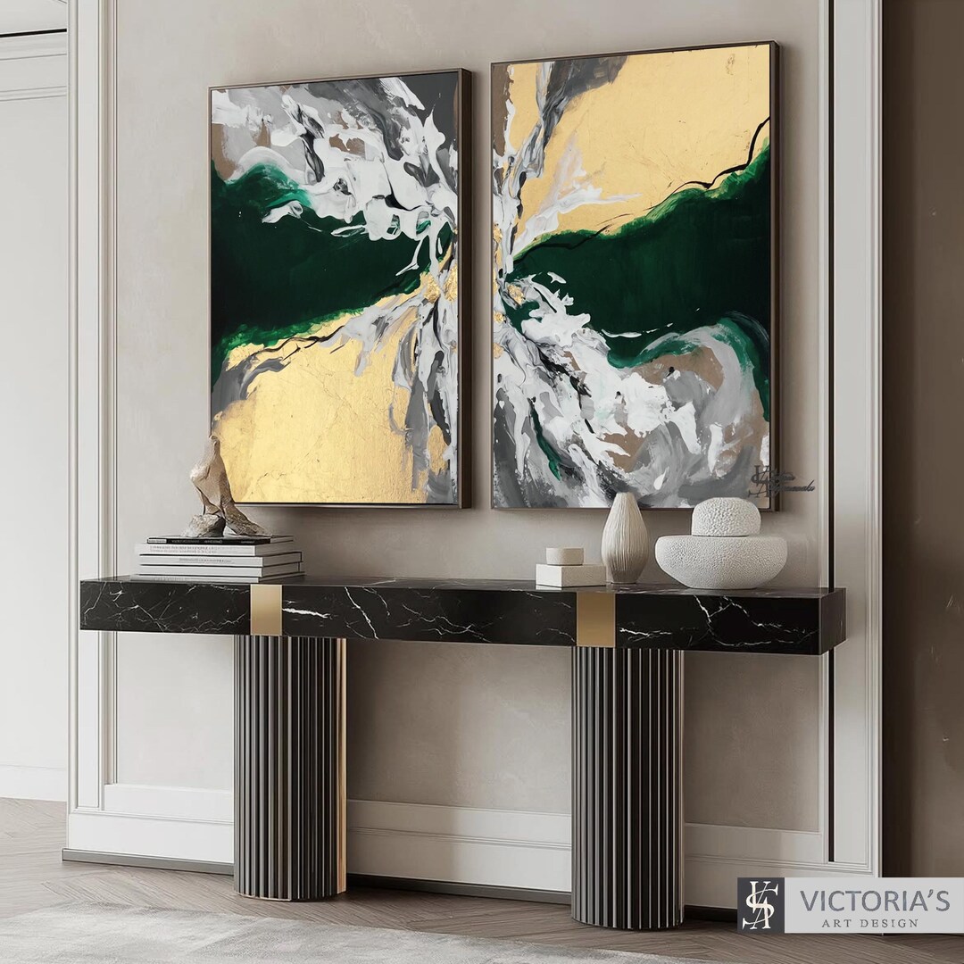 Large Green and Gold Abstract Oil Painting Set: Modern Golden Leaf ...