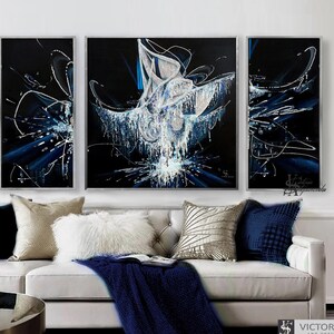 Navy Blue Original Oil Painting on canvas Abstract Set of Three paintings Silver Leaf Painting Luxury Large Wall Art Elegant Home Decor
