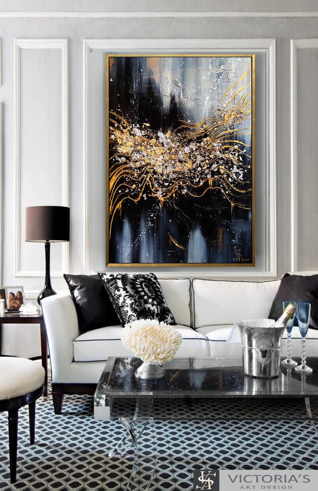 グレーと金箔の油絵：モダンな抽象キャンバスウォールアート - Etsy 日本