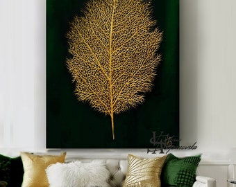 May include: A gold leaf skeletonized on a dark green background. The leaf is detailed and intricate, with a delicate vein pattern. The image is a modern and minimalist design.