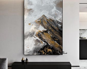 Gray and Gold Mountain Oil Painting, Large Abstract Landscape Art