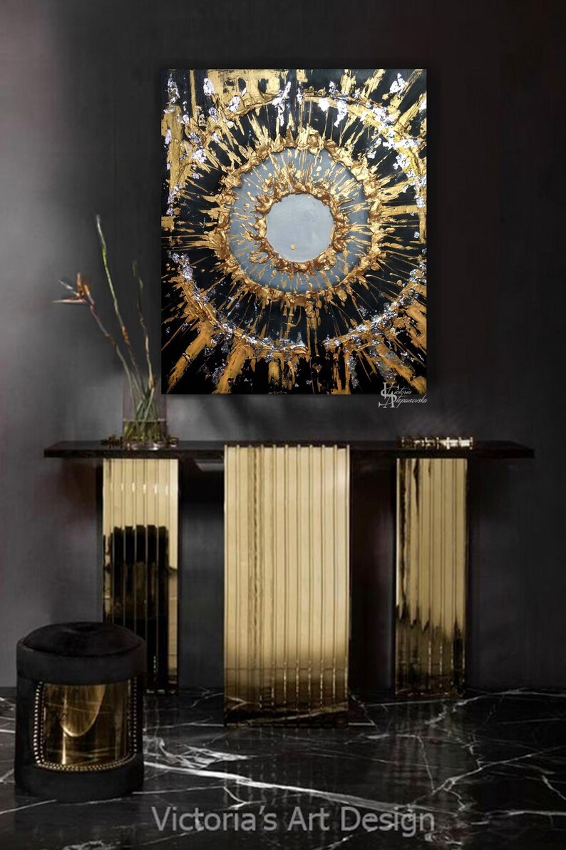 Black and Gold Original Oil Painting Abstract Palette Knife Textured ...