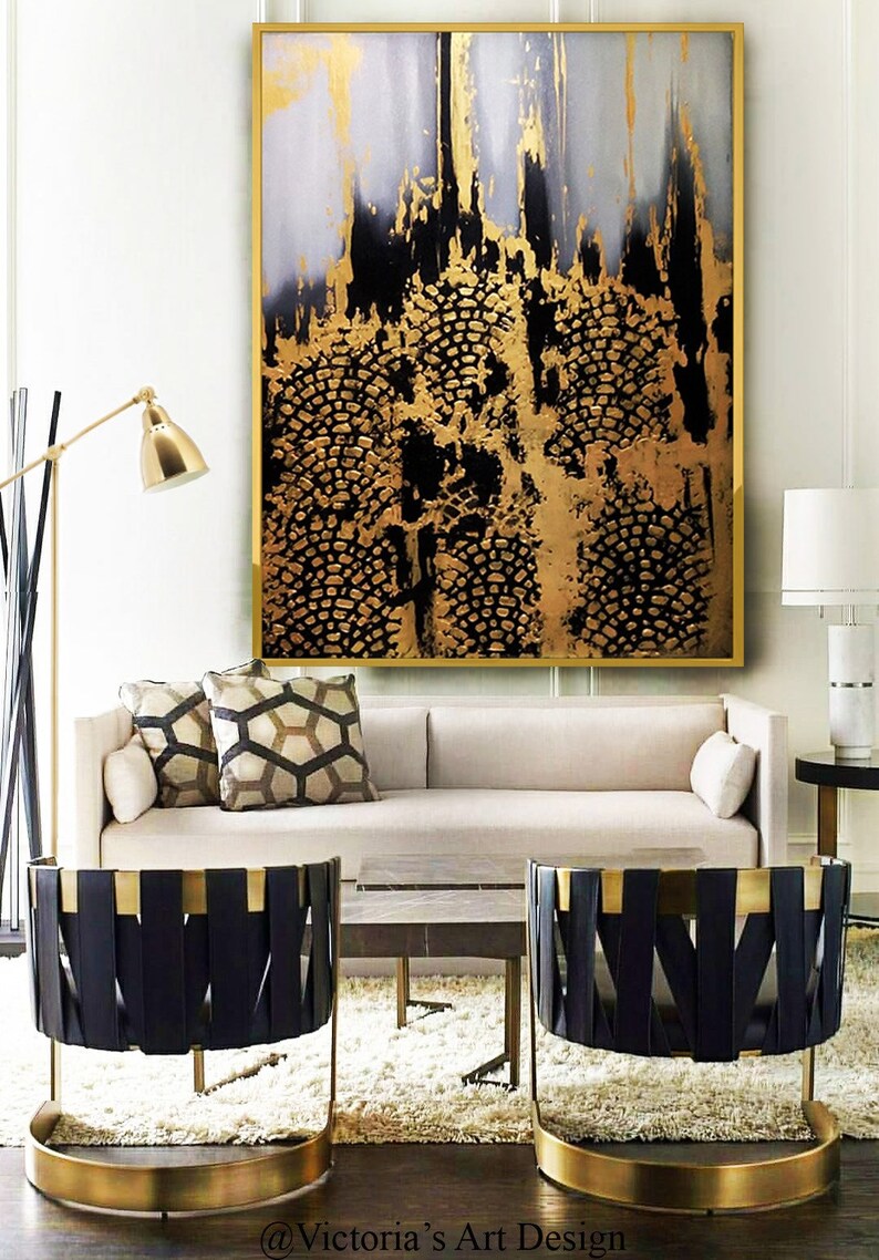 Oil Painting Original Oil Painting Abstract Modern On Canvas. Gold and black accent chairs. White cream sofa. 