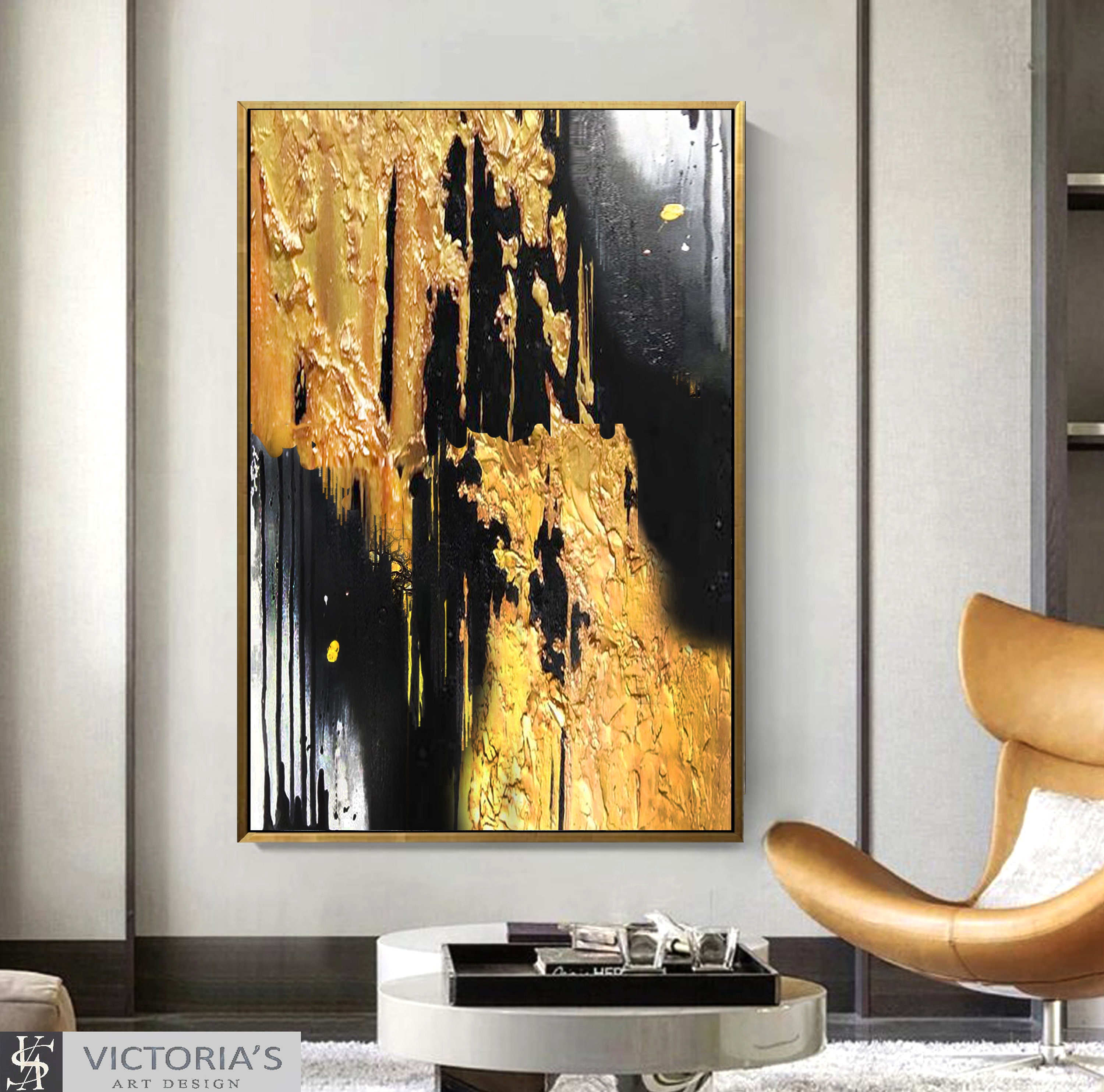 Golden Leaf Abstract Oil Painting: Large Modern Wall Art - Etsy
